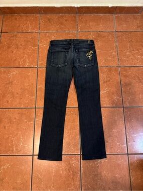 7 For All Mankind Dark Blue Straight Leg Jeans with Gold Back-Pocket Accent